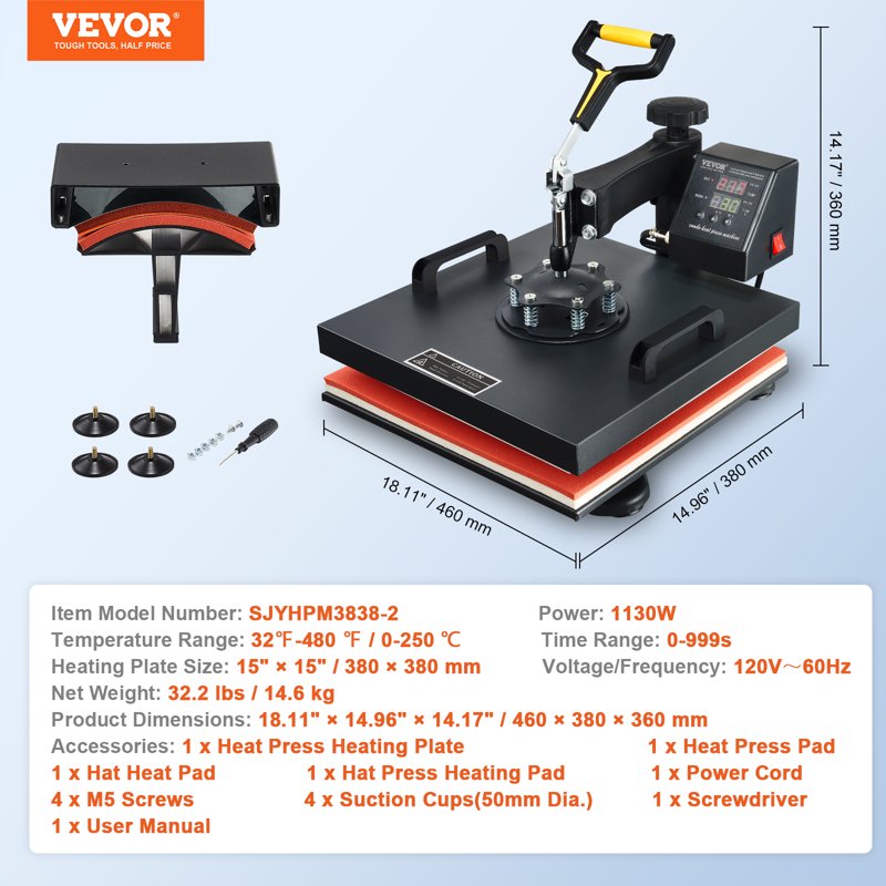 15x15 Inch Heat Press Machine for Sublimation Transfers with Teflon Coating