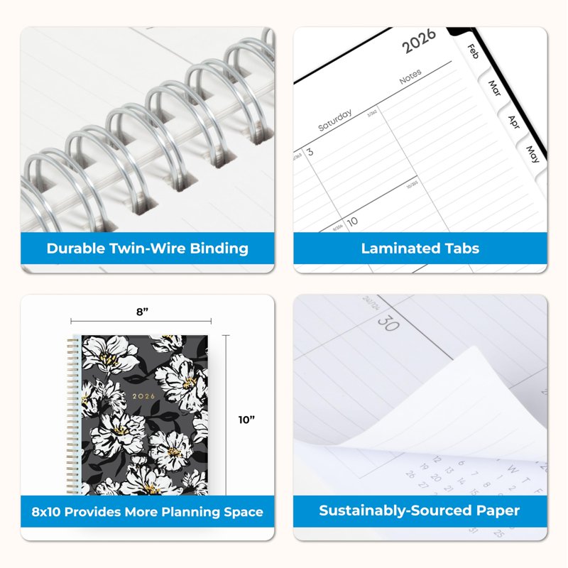 2026 Monthly Planner Calendar - 8x10 Durable Twin Wire Binding, Clear Pocket Cover
