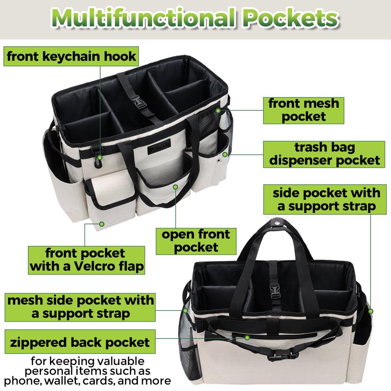 Portable Cleaning Caddy Organizer with Handles & Straps, Water-Resistant Beige
