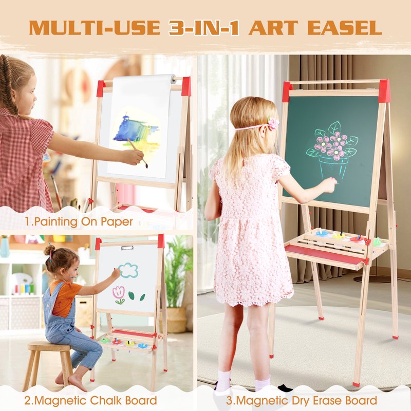 Wooden Art Easel with Double-Sided Chalkboard & Whiteboard - Adjustable & Foldable Art Stand with Accessories