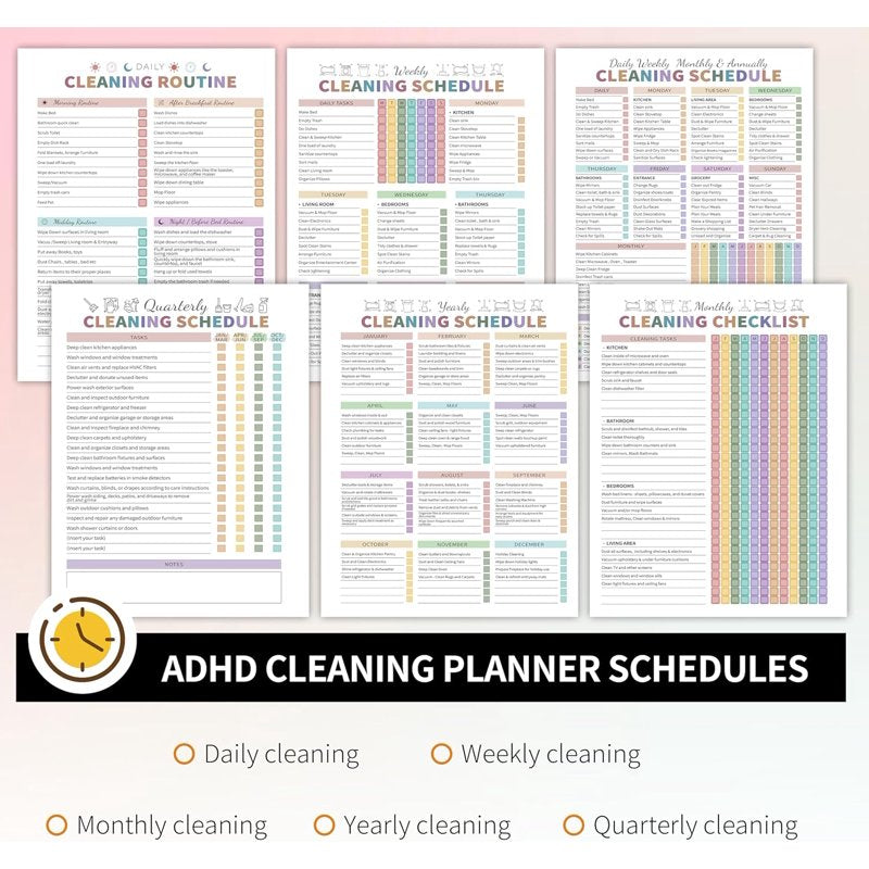 White ADHD Cleaning Planner for Adults — Daily, Weekly, Monthly Schedule & Checklist