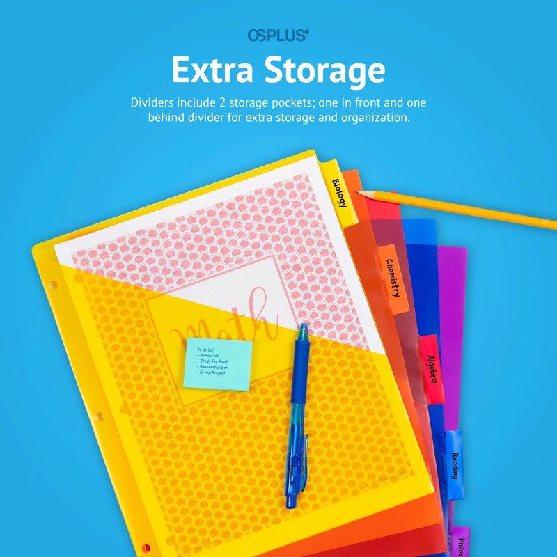 Plastic Binder Dividers with 2 Pockets & Big Insert Tabs - Letter Size, Durable Set