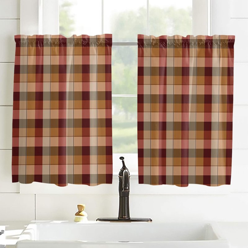 Red Plaid Short Window Curtains - Farmhouse Rustic Checkered Drapes, 2 Panels