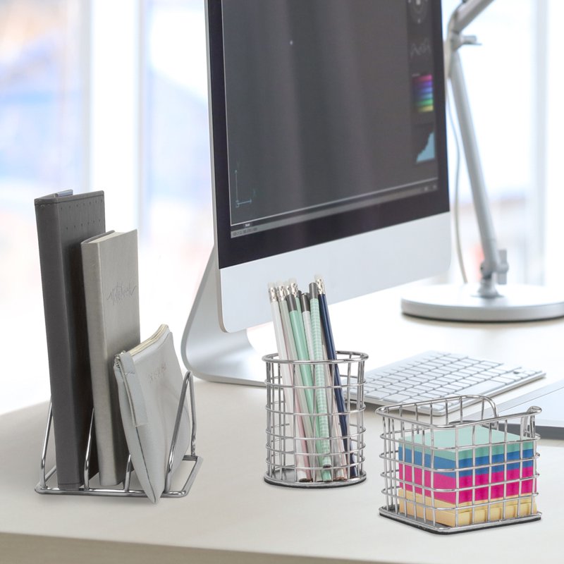 5-Piece Metal Desk Organizer Set - Silver Office Storage & Stationery Organizer