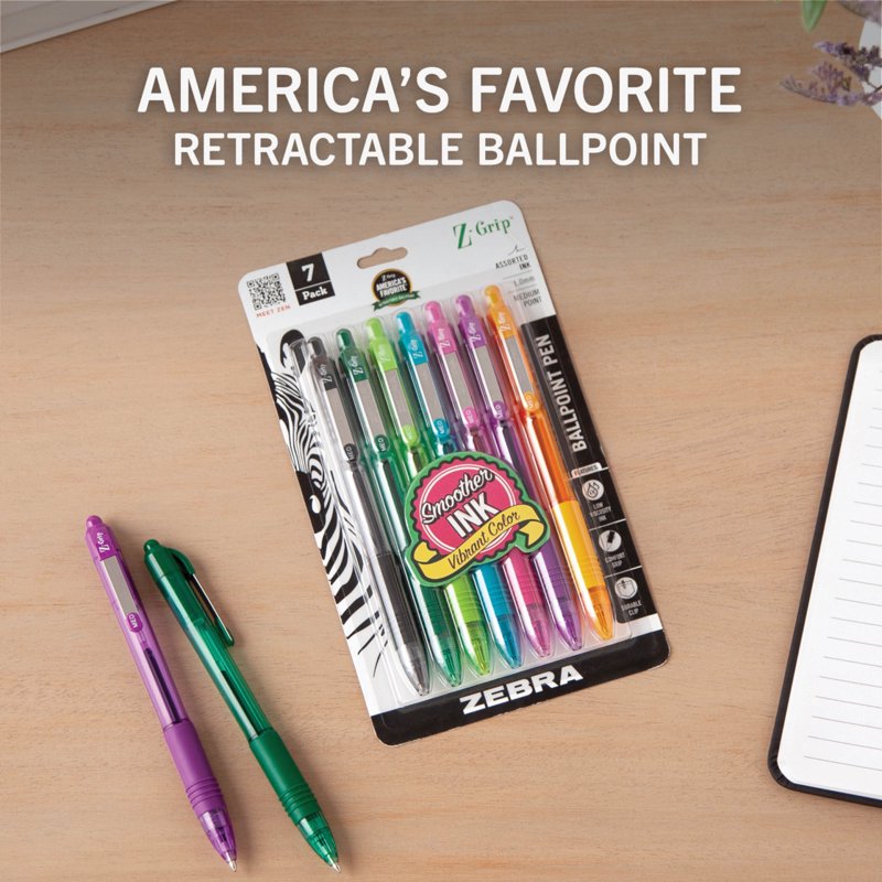 Zebra Z-Grip Retractable Ballpoint Pens 1.0mm Assorted 7 Pack
