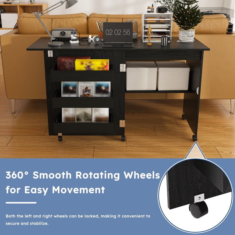 Multi-Functional Folding Sewing Table with Lockable Wheels and Storage Cabinets