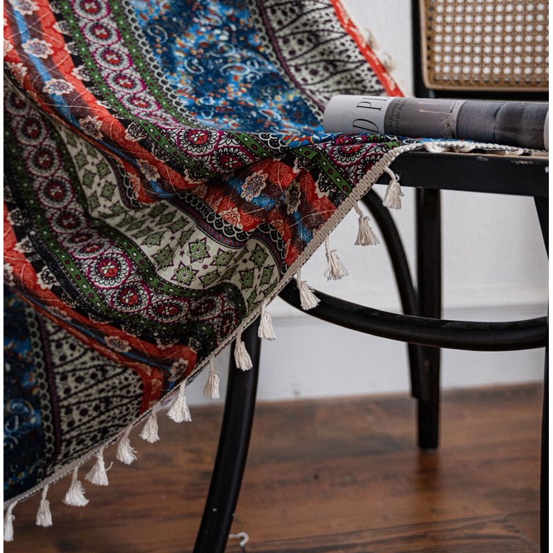 Boho Semi-Blackout Curtain Set with Beige Tassels - Cotton Linen, Multiple Sizes