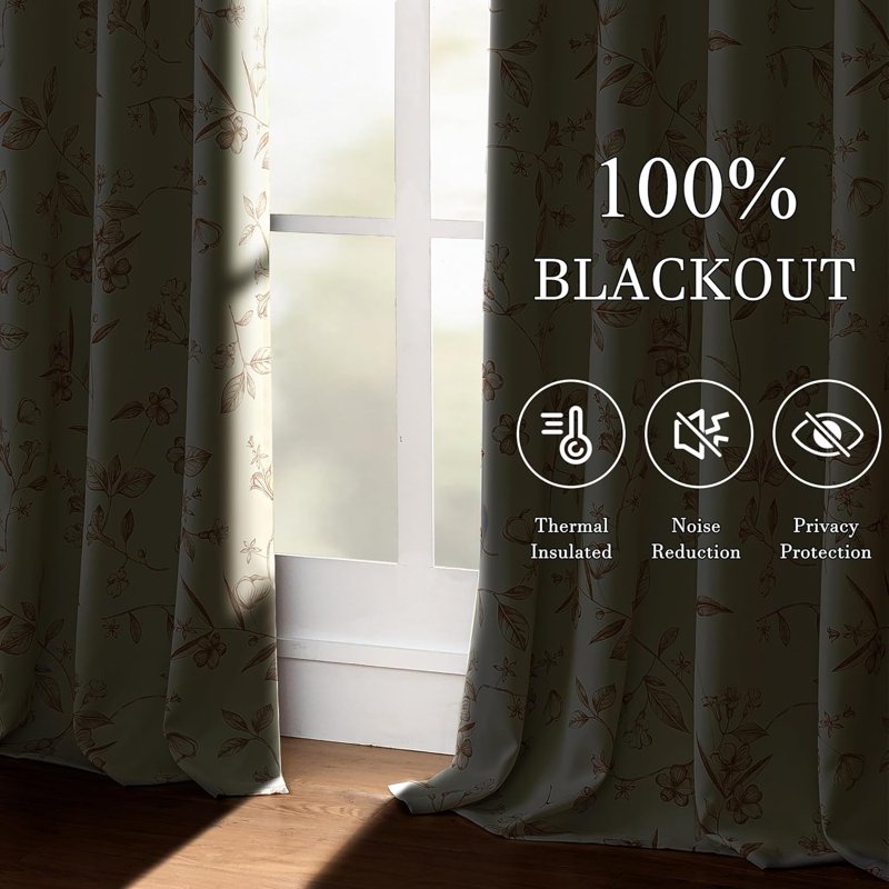 Blackout Floral Curtains - Thermal Insulated Room Darkening Drapes for Living Room & Bedroom