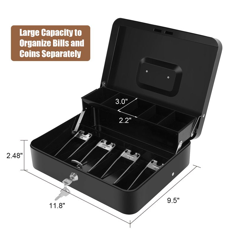 Heavy Duty Metal Cash Box with Lock and Coin Tray - 11.8x9.4x3.5 Inches