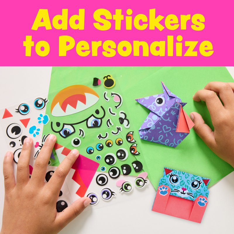 Kids Origami Craft Kit with Bright Double-Sided Paper & Stickers - Ages 7+