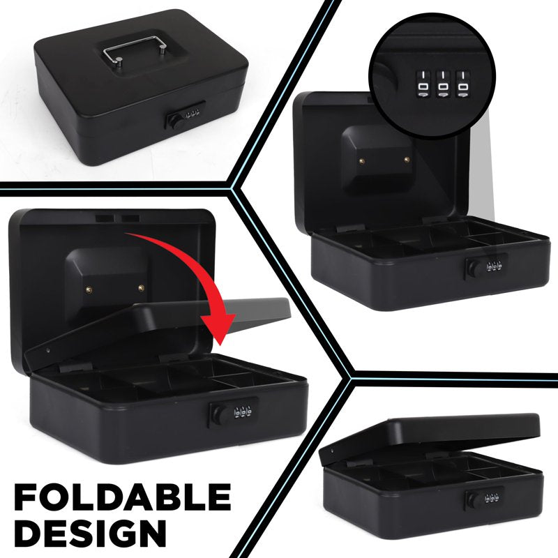 Large Black Stainless Steel Cash Box with Mechanical Lock & Removable Tray