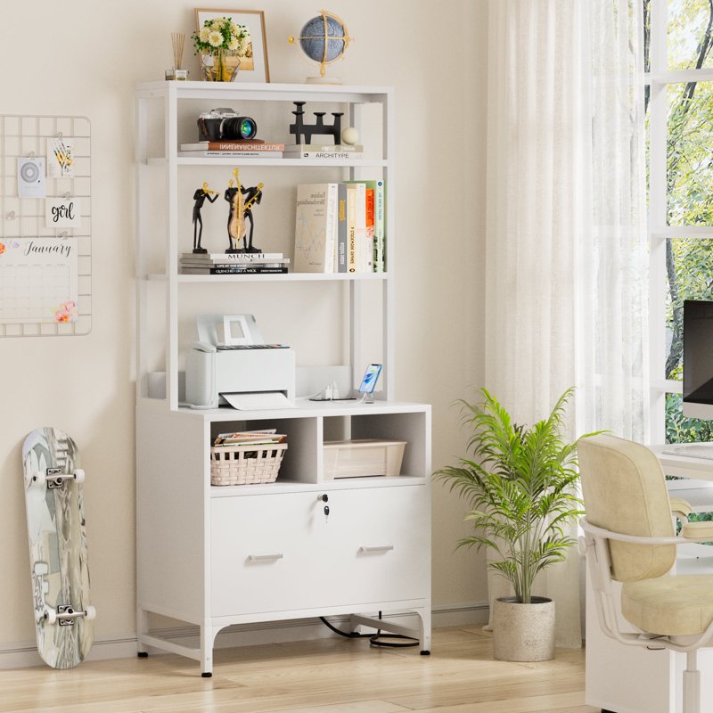 Vertical File Cabinet with Charging Station and Lock - Large Drawer for Letter A4 Legal Files, Home Office Storage, White