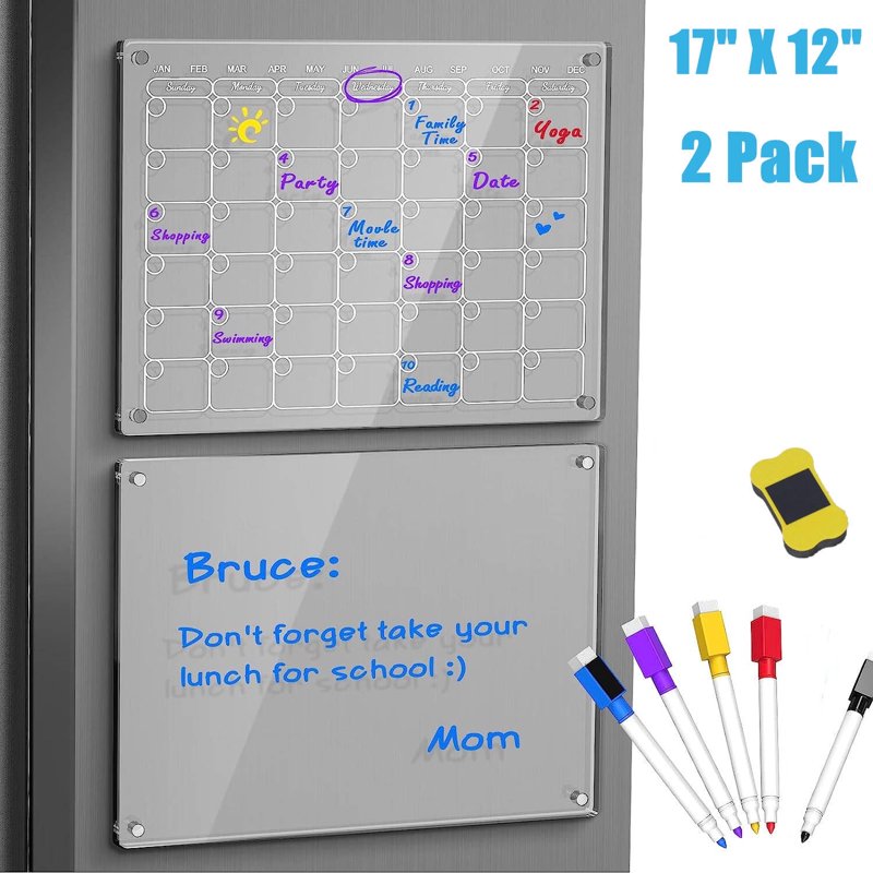 Magnetic Acrylic Calendar for Fridge Set with 5 Markers - Clear Dry Erase Planning Boards