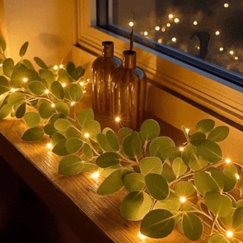 Twinkling Tree Light Garland with Warm White LED & Artificial Olive Leaves, Battery Operated Indoor Outdoor Decor