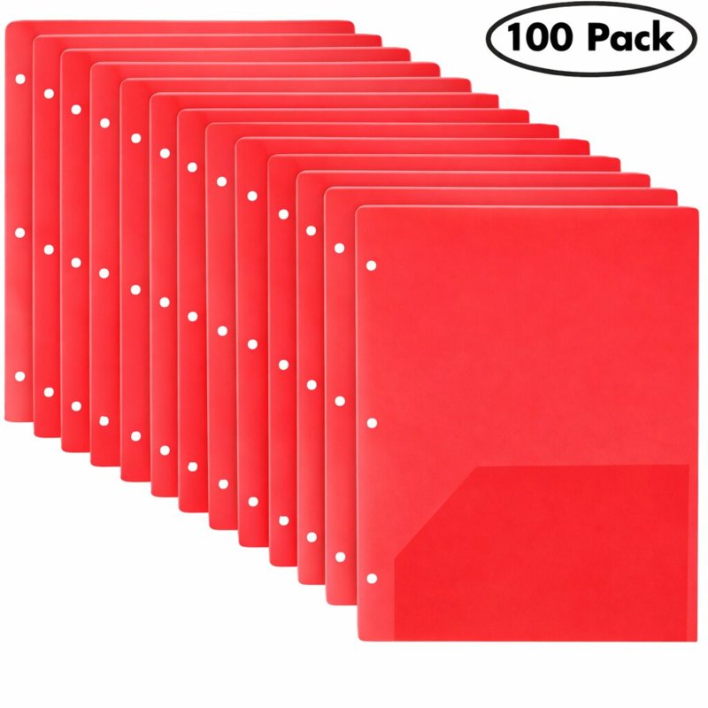 100 Pack Red Two-Pocket Translucent 3-Ring Hole Punch Folders - 11.5 x 9.5 in