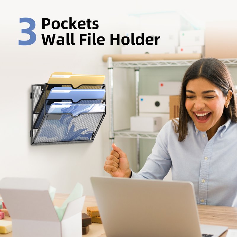 3 Tier Wall File Organizer - Metal Hanging Document Holder for Office & Home