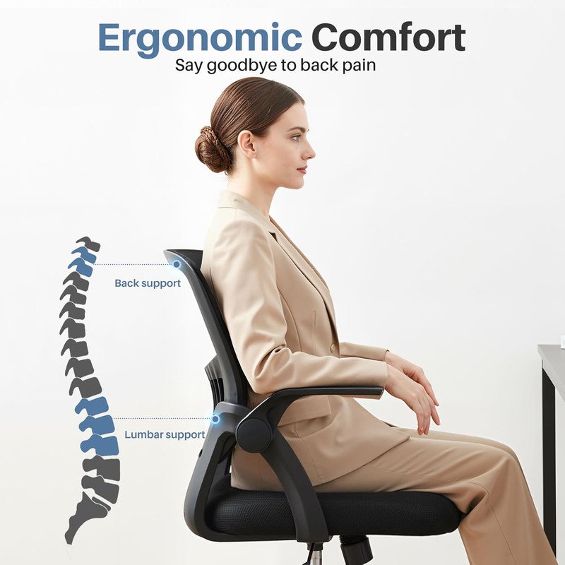 Ergonomic Mesh Office Chair with Flip-Up Arms, Adjustable Lumbar, Space-Saving Design