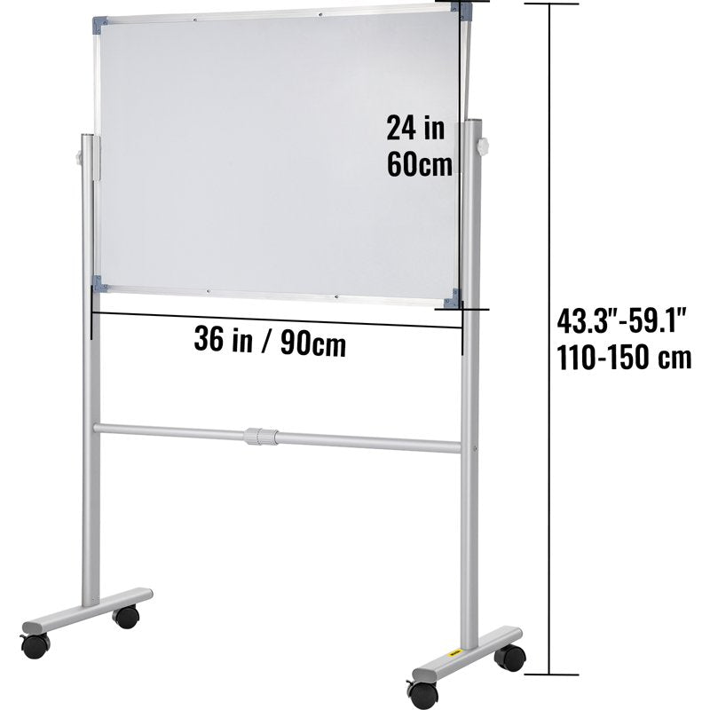 Mobile Magnetic Whiteboard 24x36 Inch Double Sided Rotating Dry Erase Board Height Adjustable Aluminum Frame