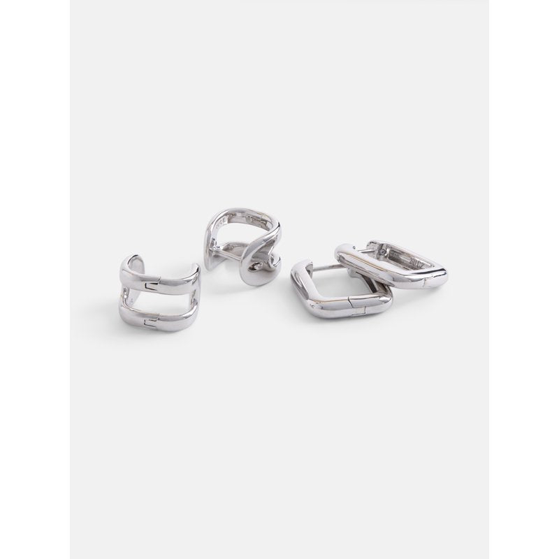 Silver-Plated Square Hoop Earrings Set for Women - 2 Pairs