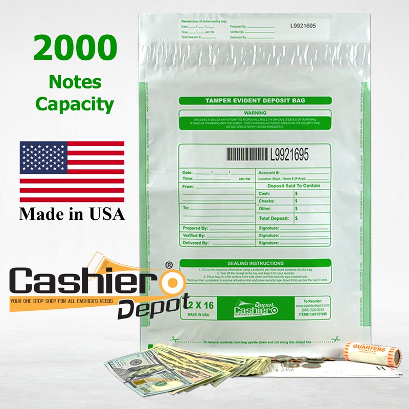 Tamper Evident Deposit Bags 12x16 White with Barcode & Serial Number - 100 Pack