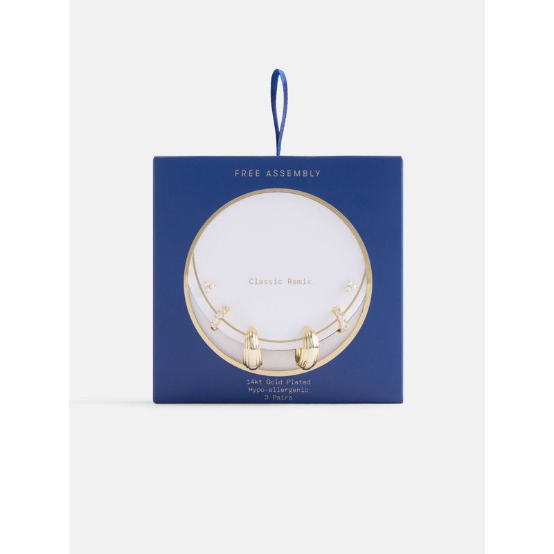 Women’s 3-Pair Gold Plated Earring Set with Cubic Zirconia and Pearls