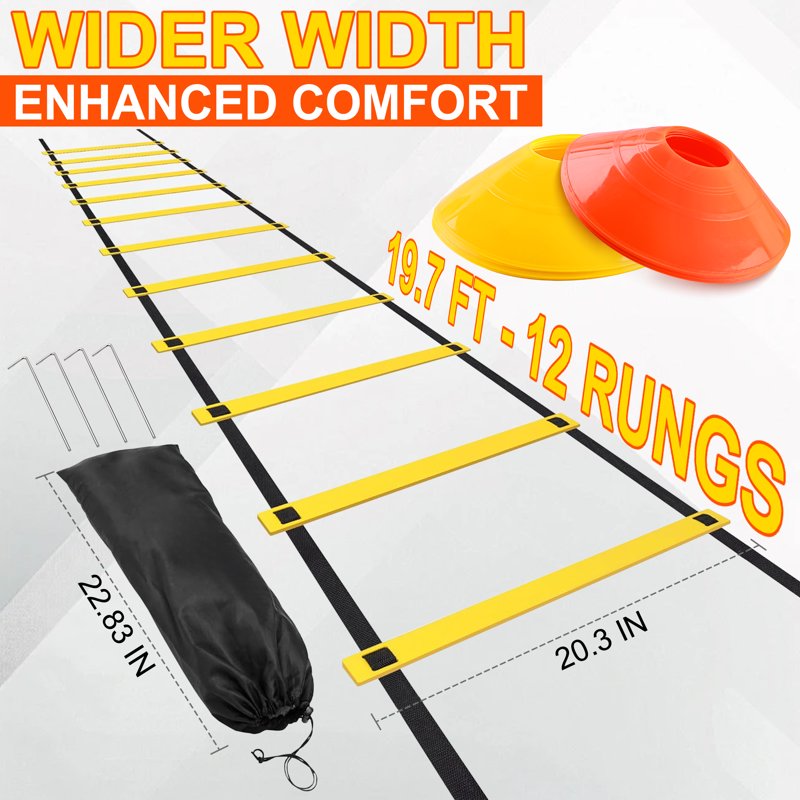 Agility Ladder Training Set with 12 Rungs, 20ft Speed Ladder, 12 Cones & 4 Stakes – Football, Soccer & Basketball Training Equipment