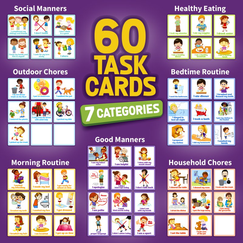 Kids Reward Chart & Journal Set with Stickers & Task Cards - Weekly Routine Tracking