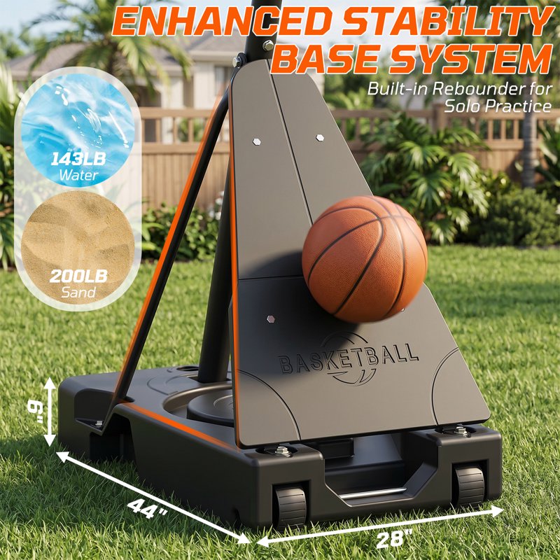 Portable Basketball Hoop with Rebound Plate, Adjustable Height 5.25-10FT, 44-Inch Backboard, Outdoor