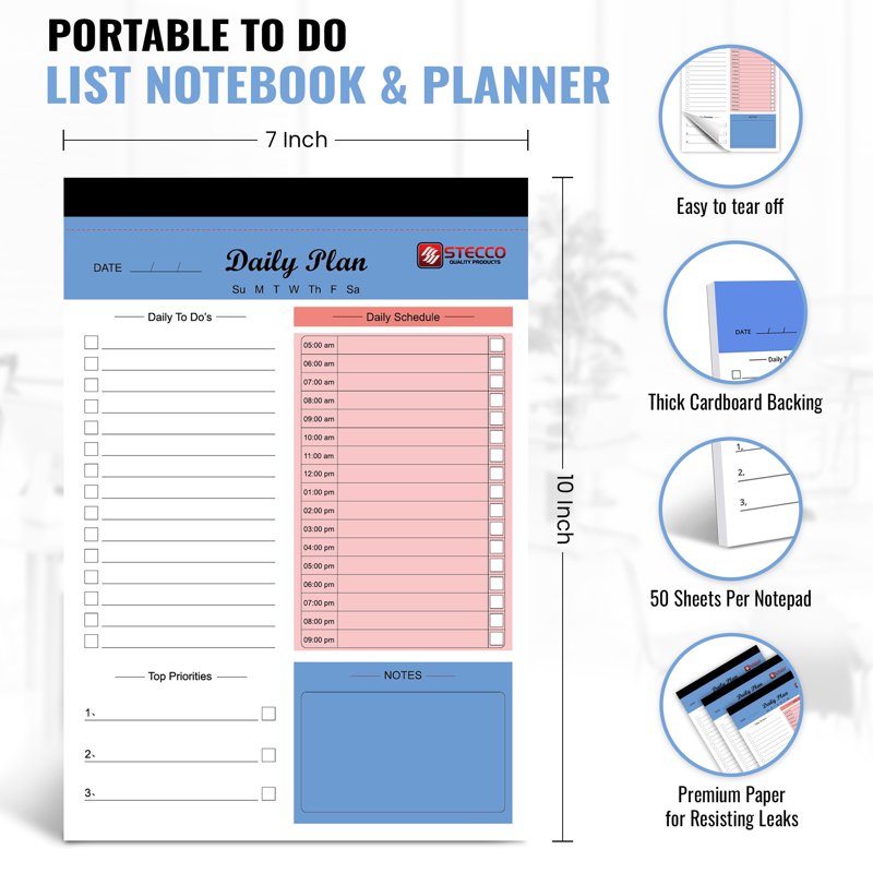 Undated Daily To-Do List Planner Notepad - Portable Work Organizer