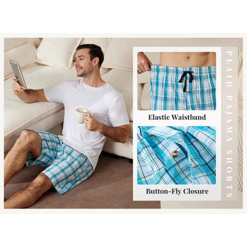 Men's 3-Pack Woven Cotton Pajama Shorts - Lounge Sleepwear, Plaid