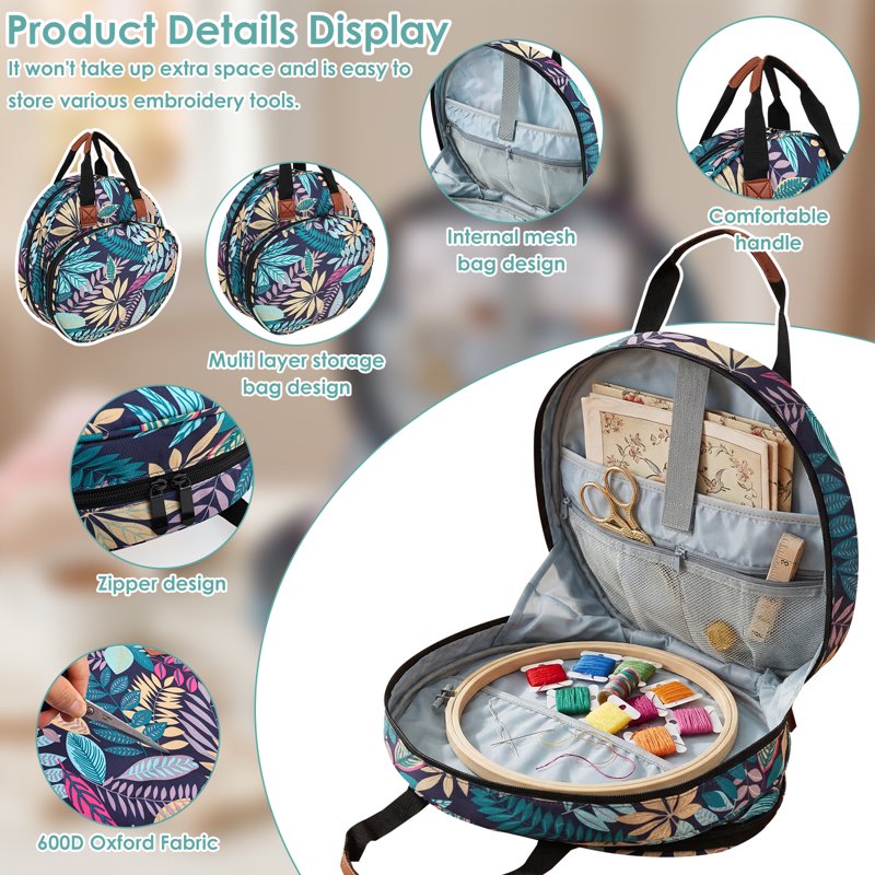 Embroidery Project Bag with Multiple Pockets and Round Hoop Storage - Carrying Tote for Floss and Thread