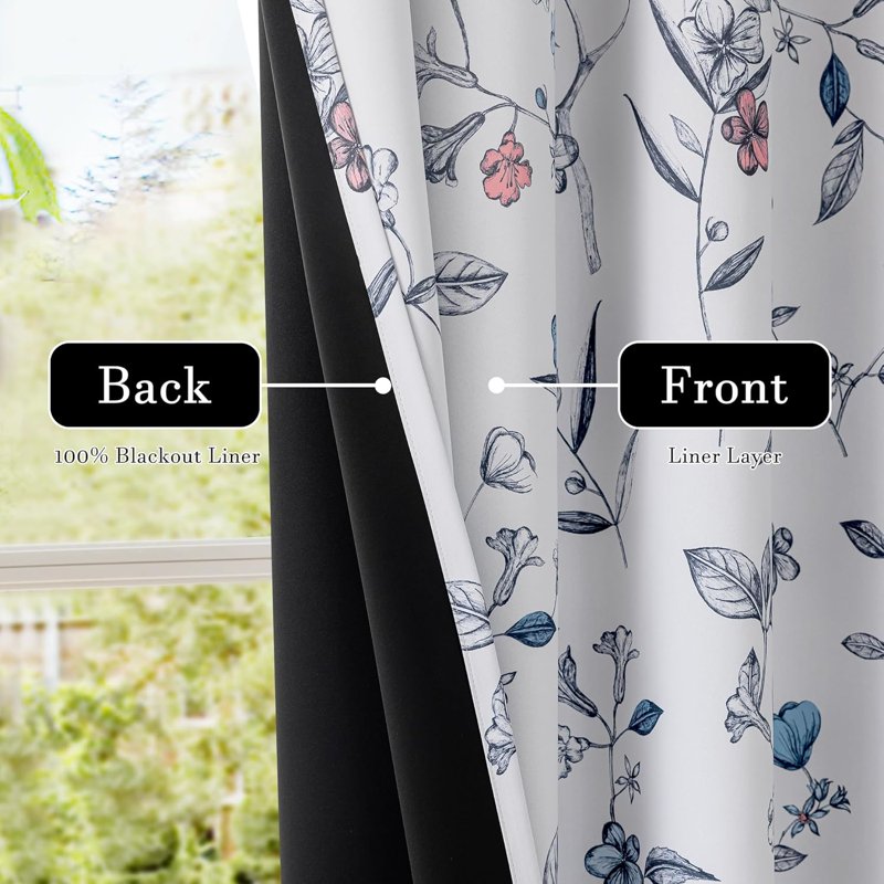 Blackout Floral Curtains 52W x 63L Room Darkening Insulated Drapes - Navy Blue