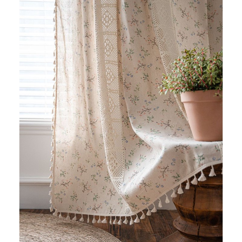 Boho Linen Curtains Set with Embroidery and Tassels - Semi-Transparent Window Drapes
