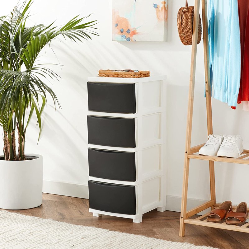 Slim Plastic Drawer Storage Tower - 4 Drawers, White/Black