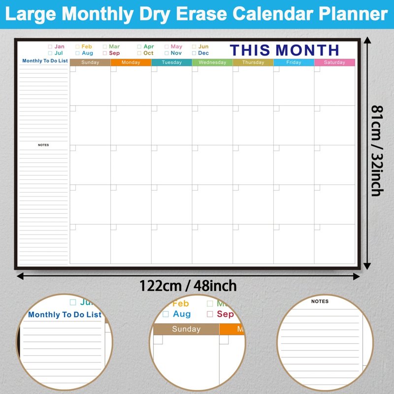 Large Wall-Mount Dry Erase Calendar 48x32 Inch Whiteboard with Marker Tray