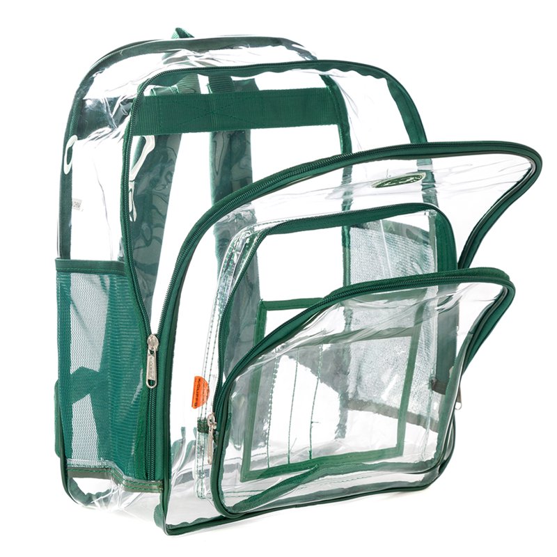 Heavy Duty Clear Backpack with Green Trim for School & Work