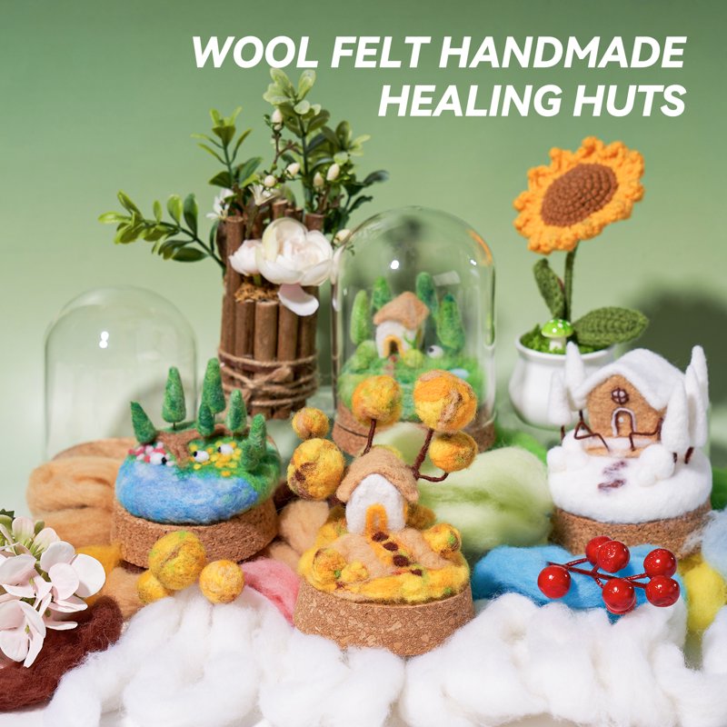 Seasonal Needle Felting Kit with Wool Roving & Glass Dome for Beginners