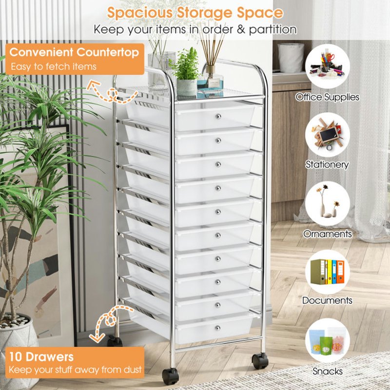 10-Drawer Rolling Storage Cart with Lockable Casters - Home Office & Craft Organizer