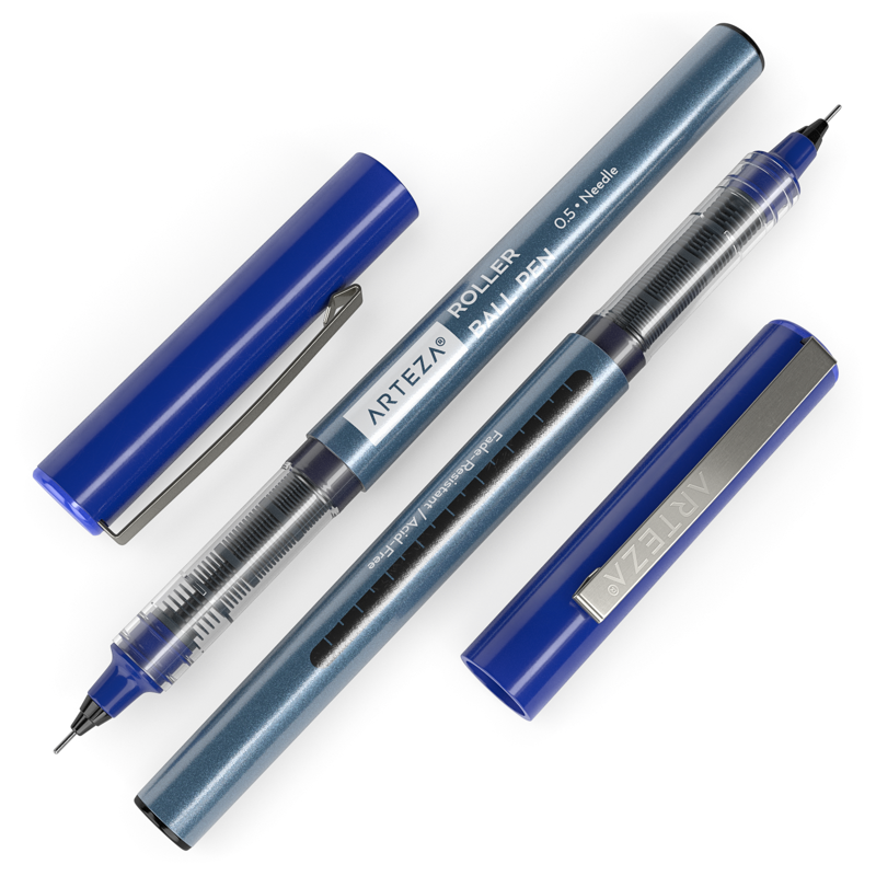 Bulk Blue Rollerball Pens with Fine 0.5mm Needle Tip - 20 Pack for Writing & Drawing
