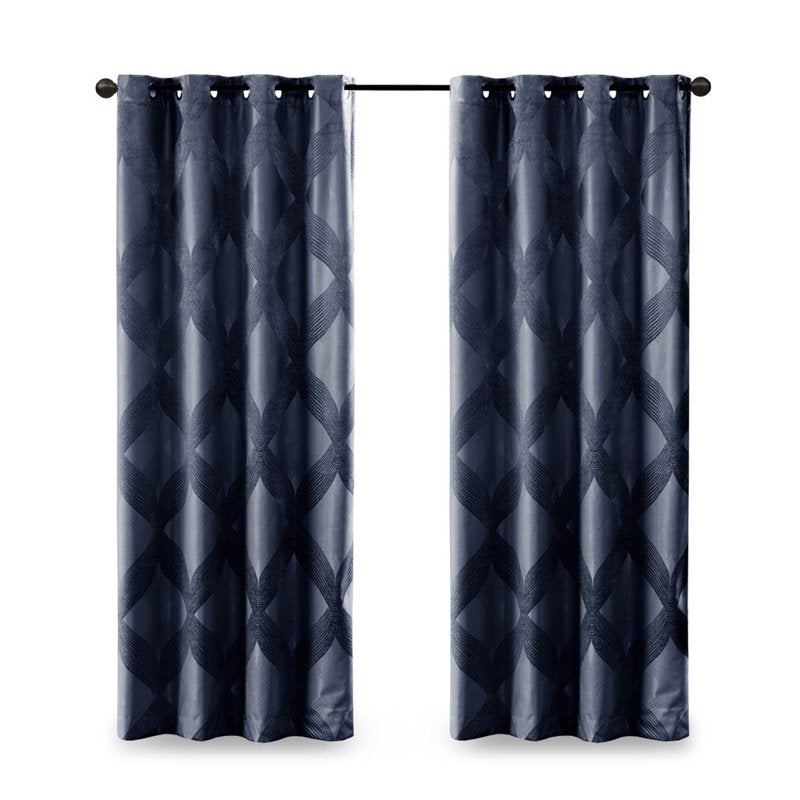 Blackout Curtain Panel Ogee Jacquard Total Blockout Window Covering - Navy