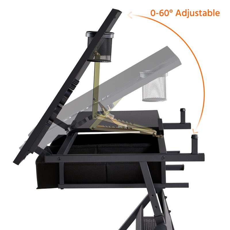 Adjustable Height Drafting Table and Stool Set with Storage - Black
