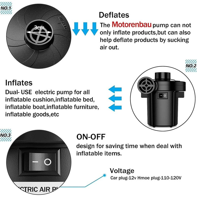 Electric Air Pump for Inflatables - Portable Quick-Fill Inflator & Deflator with 3 Nozzles 110-120V