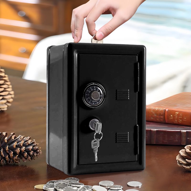 Kids Money Safe with Dual Lock & Password Key | Mini Metal Piggy Bank