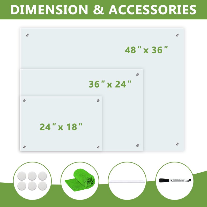 Magnetic Glass Dry Erase Whiteboard 24x18 Frameless Office & Home