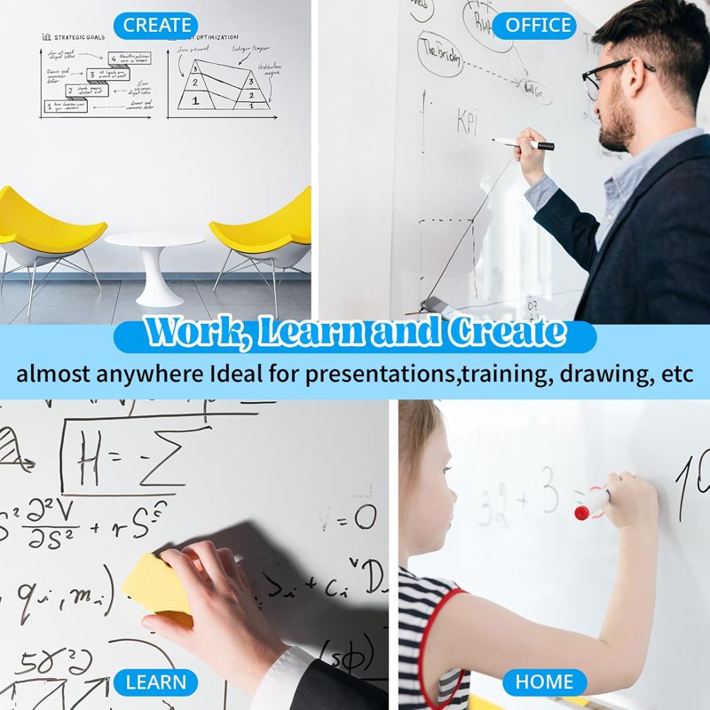 Reusable Dry Erase Whiteboard Sheets Roll for Wall Classroom Office - 18x197 Inches