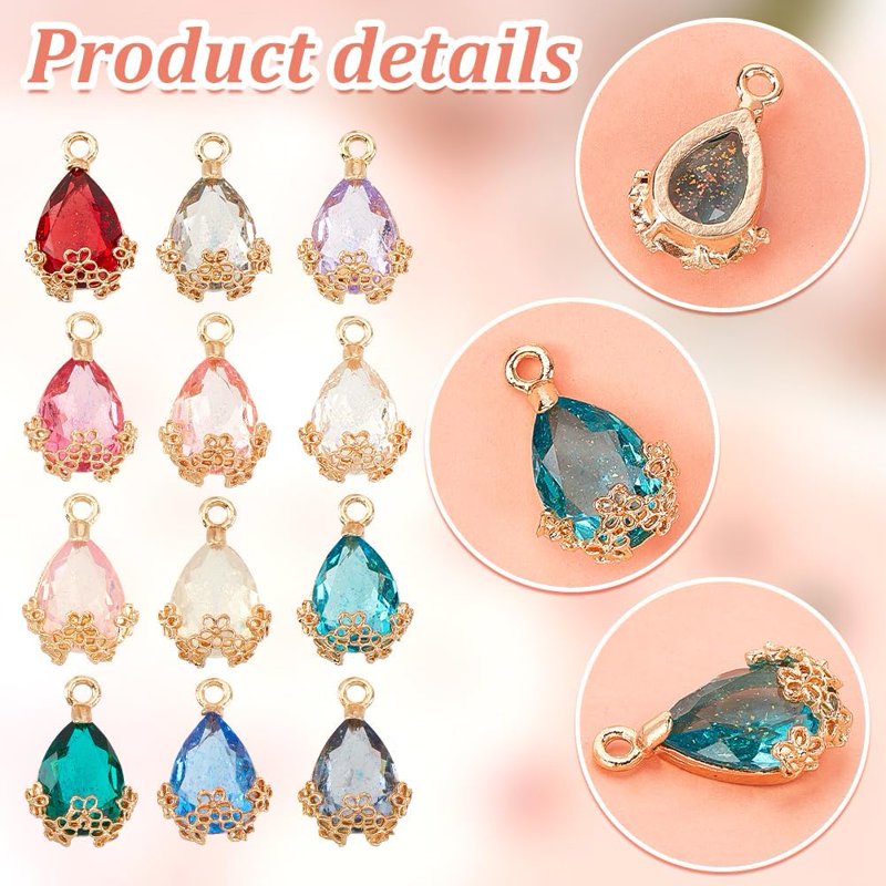 60pcs Teardrop Charms for Jewelry Making - 12 Colors Faceted Glass Pendants 20x12.5mm