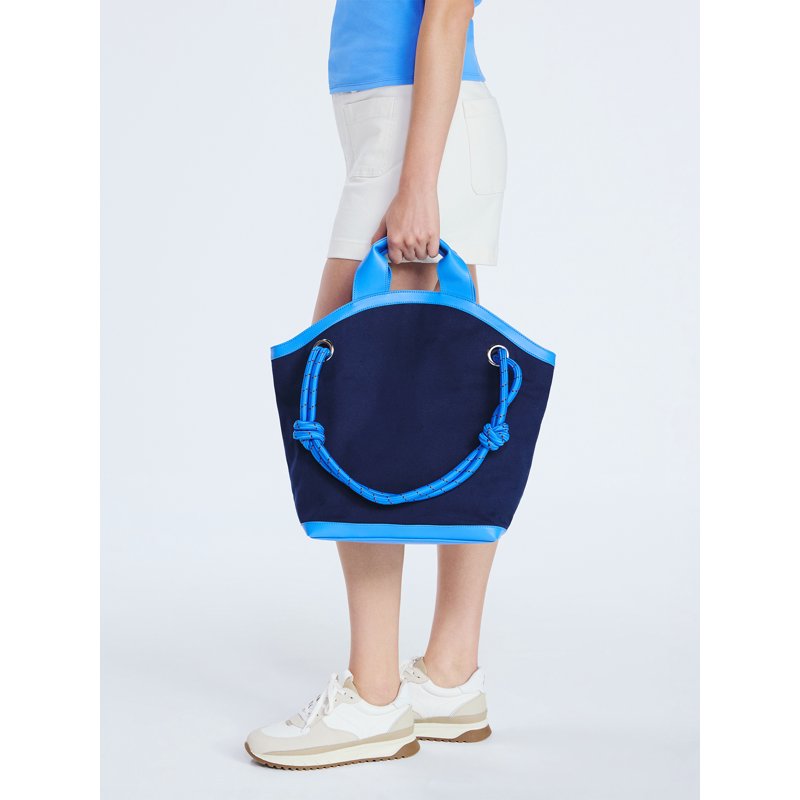 Women's Canvas Tote Bag with Rope Handles and Faux Leather Bottom
