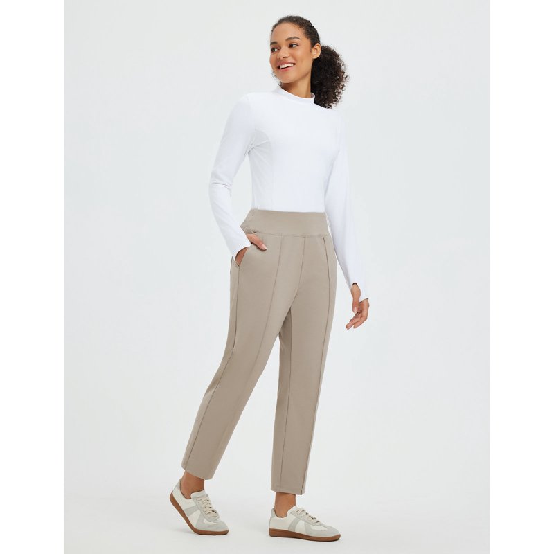 Womens Travel Pants - Stretch Ankle Golf Pants with Pockets, Petite, Beige, Size S