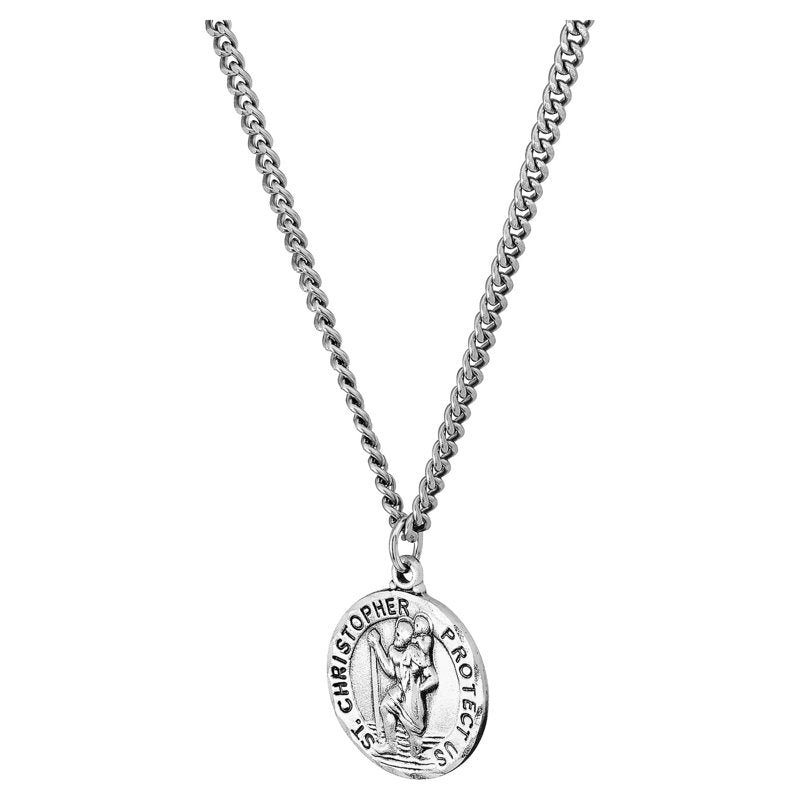 Sterling Silver St. Christopher Necklace with 24-Inch Stainless Steel Chain