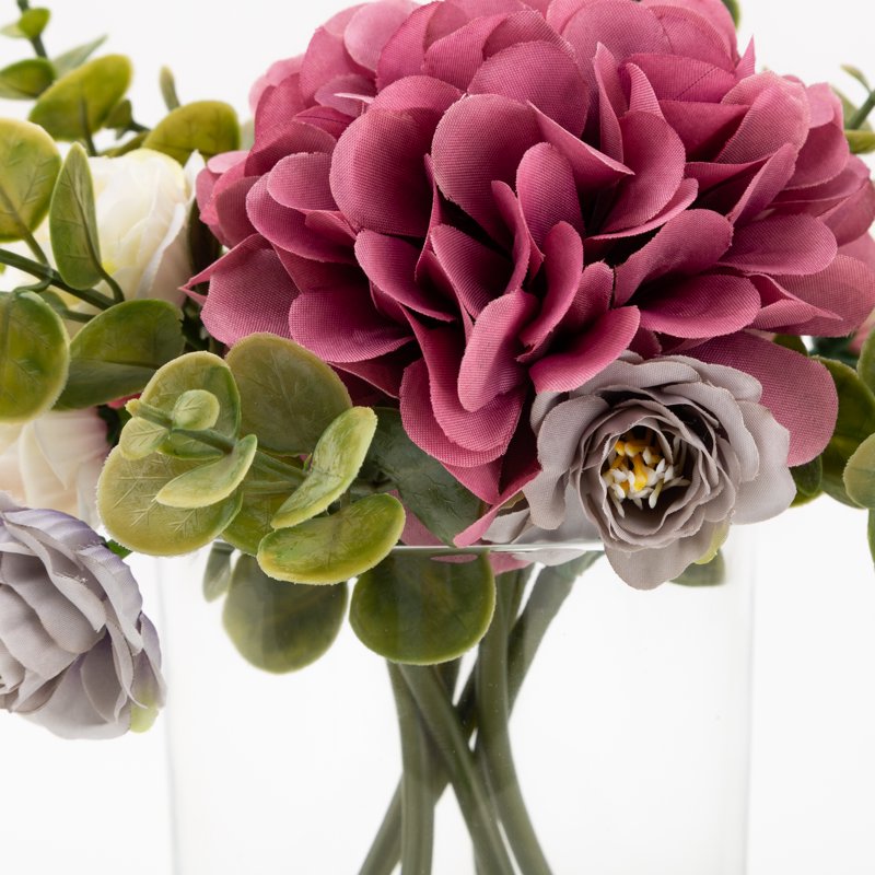 Faux Hydrangea and Eucalyptus Floral Arrangement in Clear Glass Vase - Indoor Decor